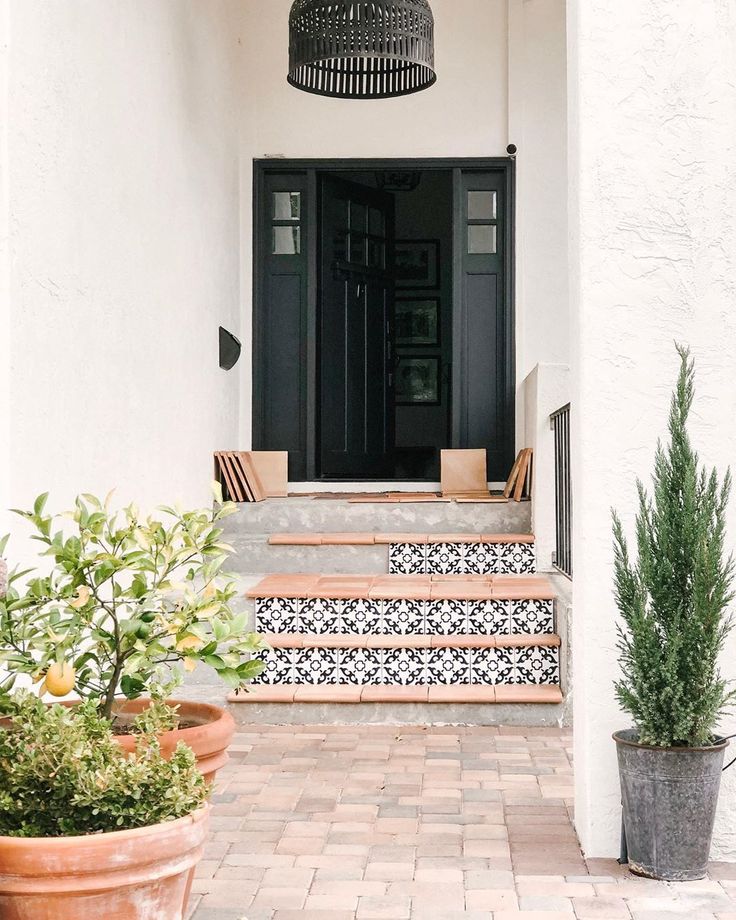 an entry way with potted plants on the steps