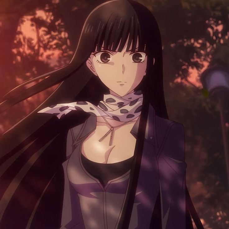 an anime character with long black hair wearing a purple outfit and scarf in front of trees