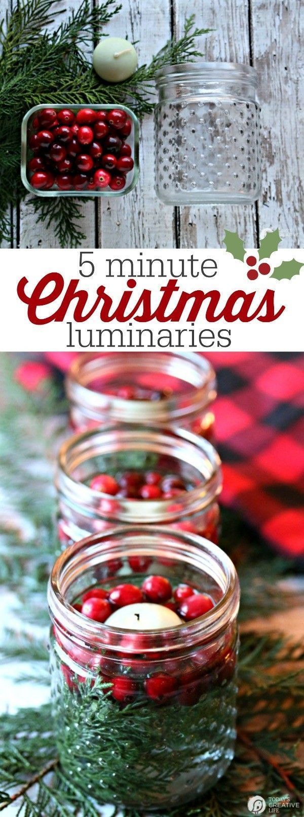 mason jars filled with cranberries and pine cones