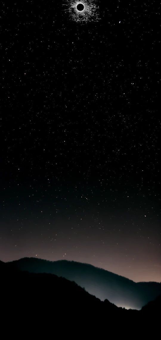 the night sky with stars and mountains in the background, as well as an eclipse