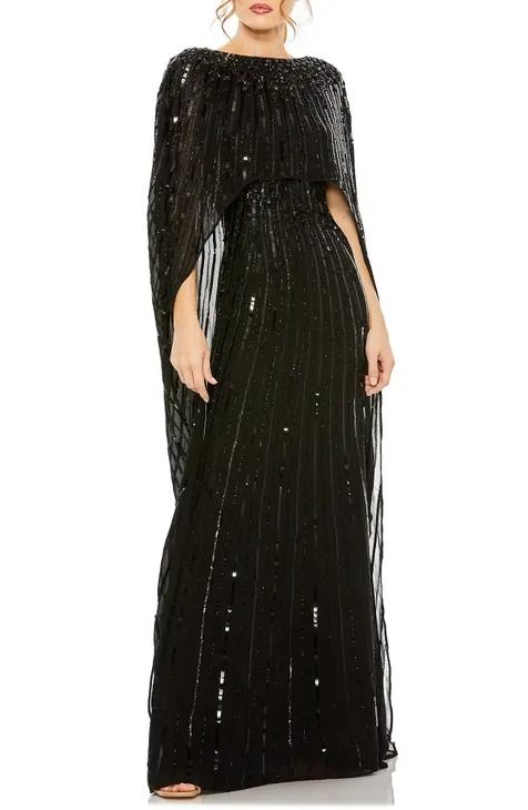 Wedding Guest Dresses Black Cape Dress, Asymmetrical Cape, Pinterest People, Cape Gown, Look Formal, Formal Dresses With Sleeves, Evening Dresses With Sleeves, Beaded Chiffon, Column Gown