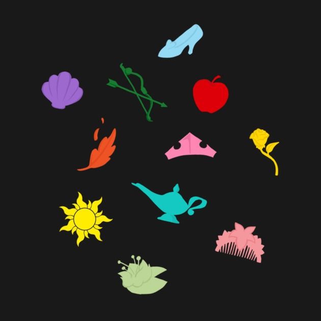 the silhouettes of various objects are shown in different colors on a black background,