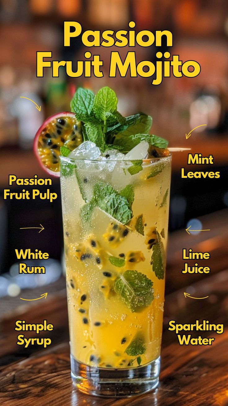 the passion fruit mojito cocktail recipe is shown in this graphic style, with ingredients labeled