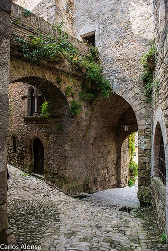 an alley way with stone buildings and ivy growing on the walls, surrounded by cobblestones