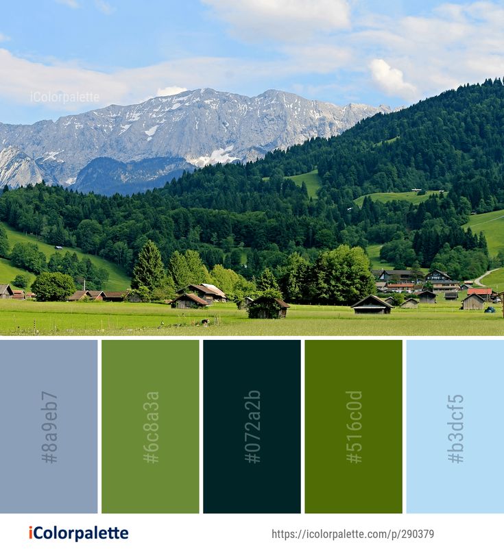 the color palette is green, blue, and white with mountains in the background as well