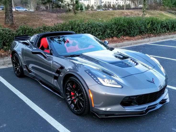 a silver sports car parked in a parking lot next to bushes and trees with red leather seats