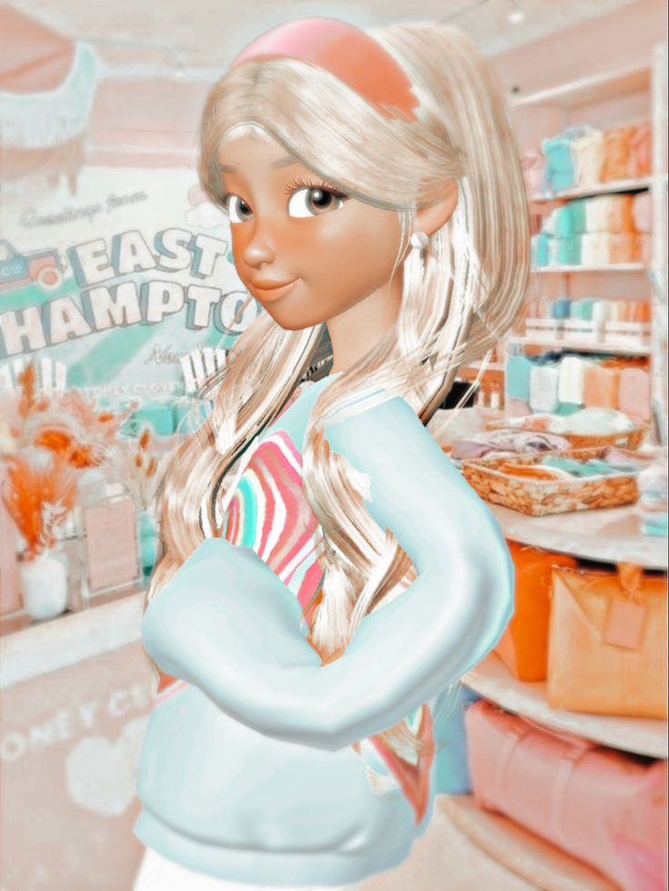 a digital painting of a girl in a store with her arms crossed and looking at the camera