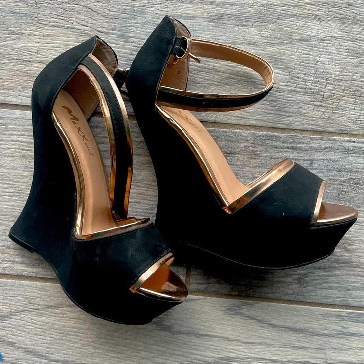 Brand New Without Box. Never Worn. Chic Black Wedge Sandals With 4-inch Heel, Chic Black Wedge Sandals For Night Out, Black Wedge Sandals For Night Out With Closed Toe, Chic Black Wedge Heels, Ewing Sneakers, Madewell Sneaker, Blue Platform Shoes, Lace Up Espadrille Wedges, Black Wedge Heels