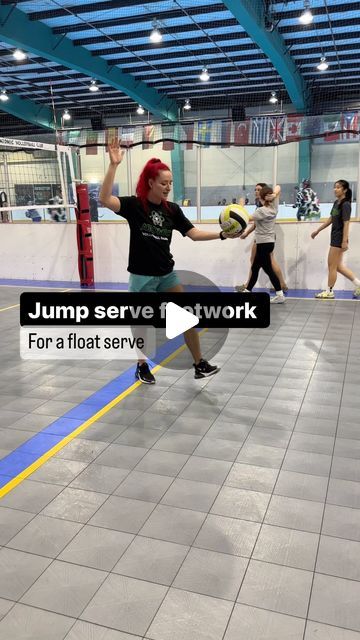 a group of people in a gym playing with a ball and some text that reads jump serve 1 network for a float service