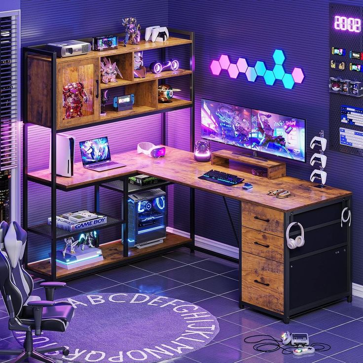 a gaming room with purple walls and two computer desks on top of each other