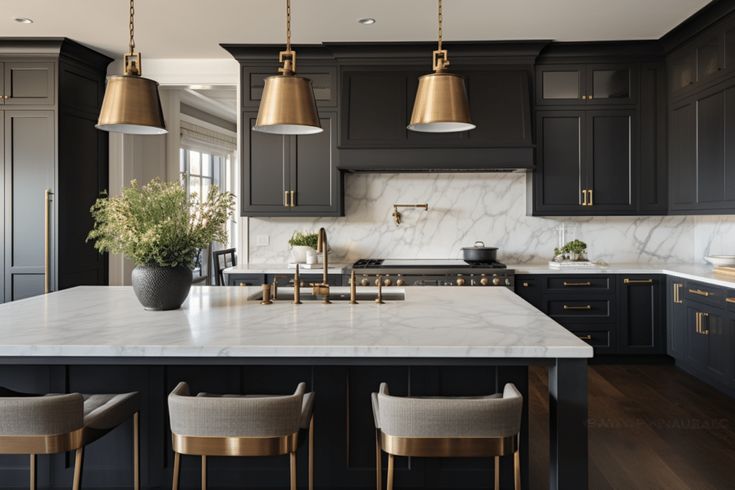 a kitchen with black cabinets and marble counter tops, gold pendant lights hanging over the island