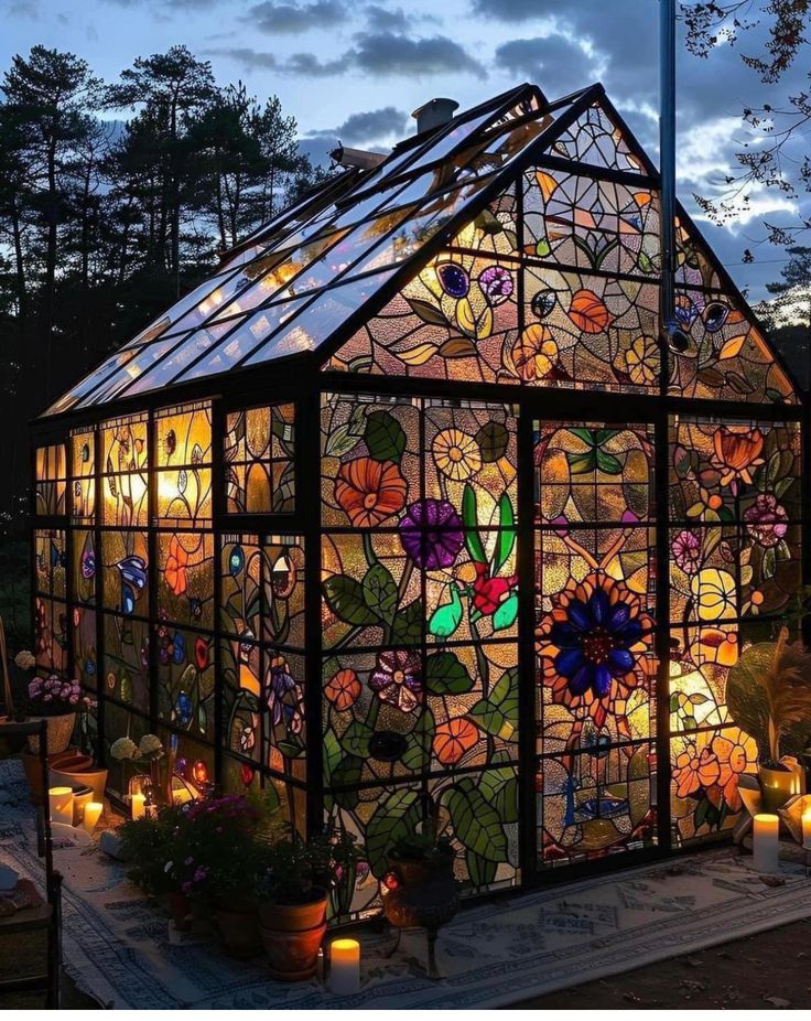 a glass house with candles in front of it and flowers painted on the outside wall