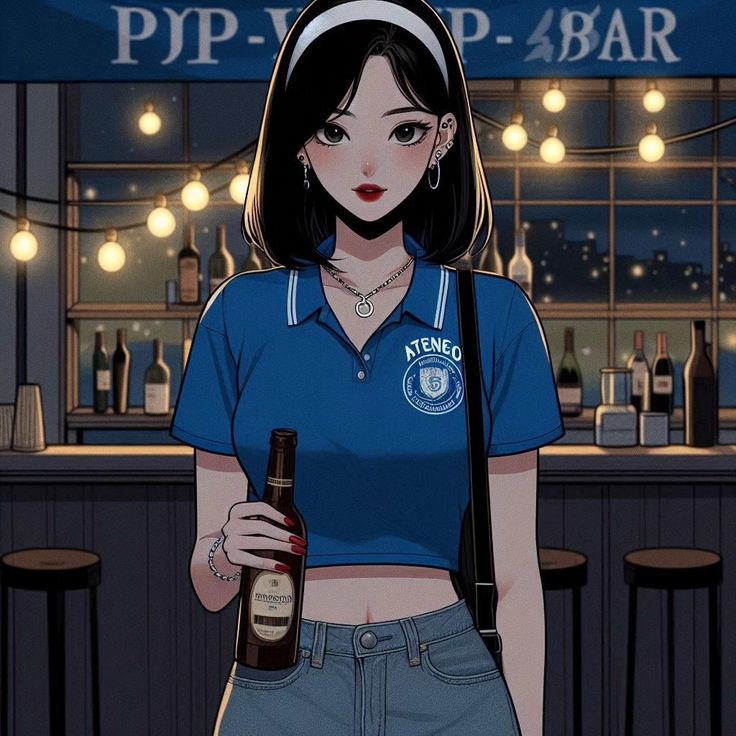 a woman holding a beer in front of a bar