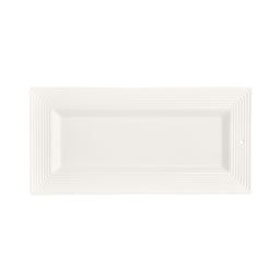 a white rectangular plate with lines on the edge and bottom, against a white background