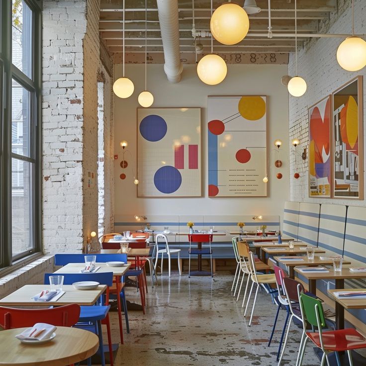 an empty restaurant with colorful tables and chairs