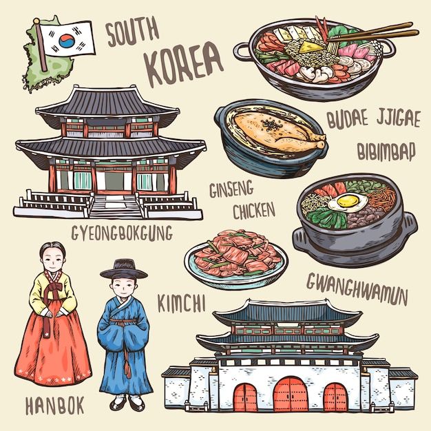 hand drawn illustrations of south korea and its cuisines, including rice, chicken, soup