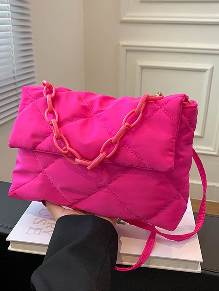 Neon Pink Quilted Pattern Chain Decor Flap Square Bag Hot Pink Fashionable   Polyester Geometric,Quilted Square Bag   Women Bags, size features are:Bust: ,Length: ,Sleeve Length: Hot Pink Bag, Chic Quilts, Neon Bag, Quilted Purses, Novelty Bags, Quilted Crossbody Bag, Chain Crossbody Bag, Black Chain, Carry All Bag