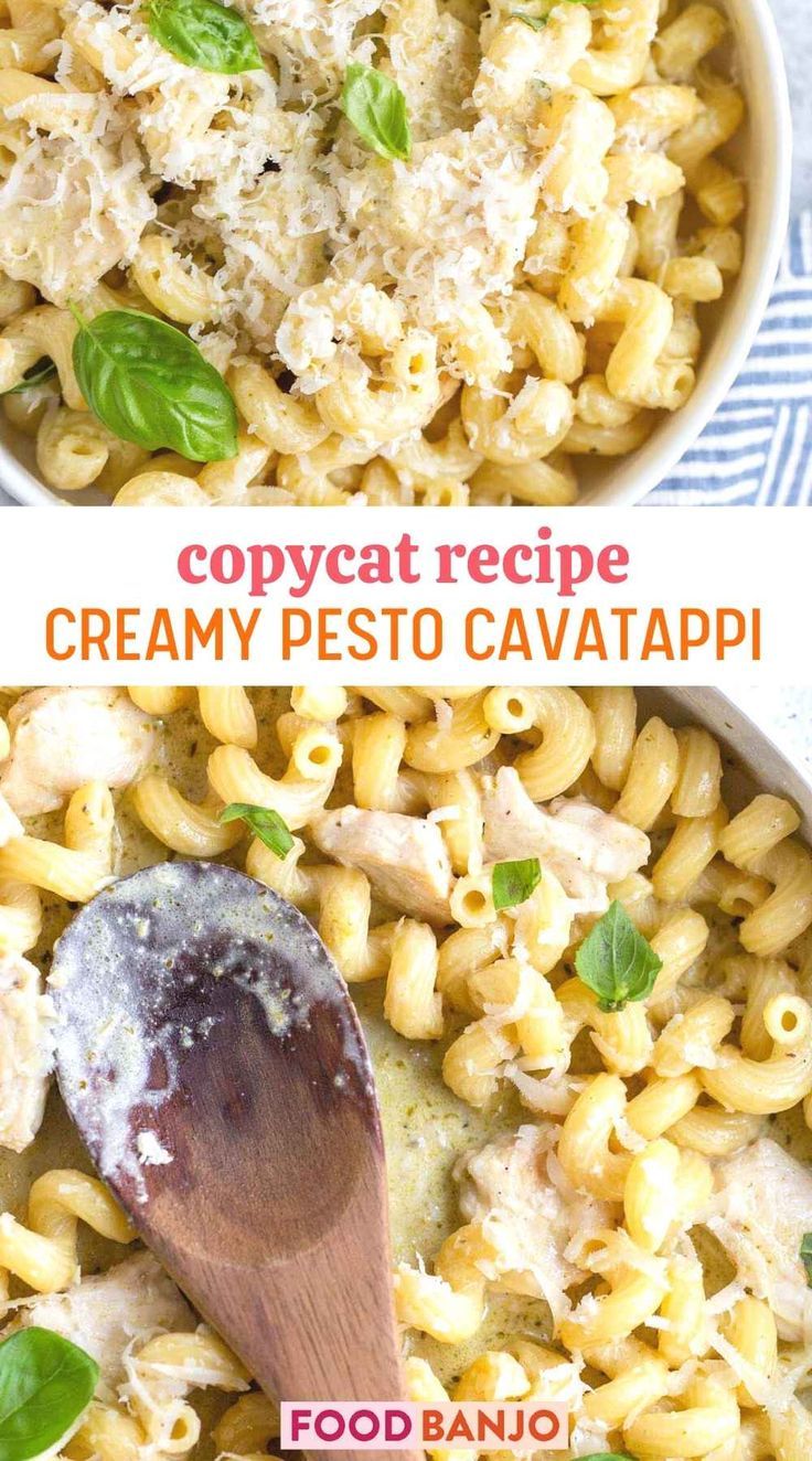 pesto cavatappi with chicken and parmesan cheese Pesto Cavatappi, Corner Bakery Pesto Cavatappi Recipe, Chicken Cavatappi Pasta Recipes, Easy Cavatini Recipe, Cavatini Recipe, Pesto Cavatappi Recipe, Basil Pesto Pasta, Creamy Pesto Sauce, Creamy Pasta Recipes