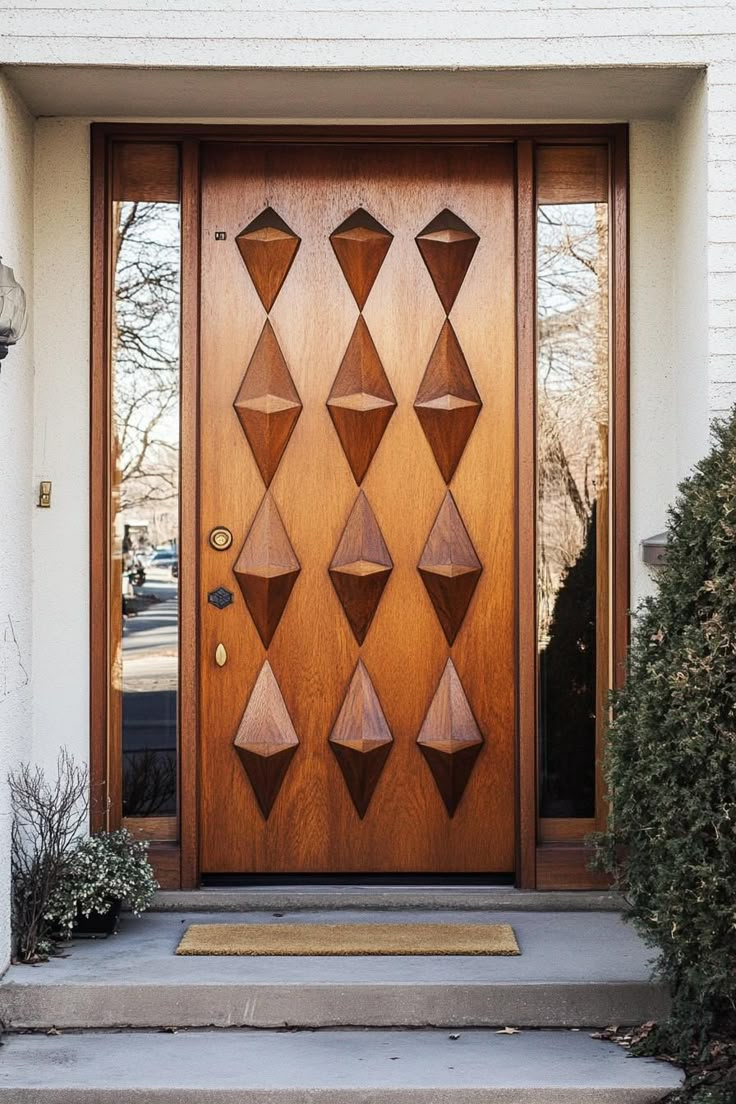 a wooden door with geometric designs on the side and steps leading up to an entrance