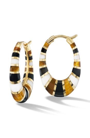 Gorgeous stone inlays and shiny 18-karat gold create a captivating sliced effect on these mini hoop earrings. Hinge with snap-post closure 18k gold/tiger's-eye/black and white onyx Imported Luxury Gold Gemstone Hoop Earrings, Luxury Gold Hoop Earrings With Gemstone, Eye Black And White, Tiger Earrings, Gold Tiger Eye, Oval Hoop Earrings, Diamond Evil Eye, White Onyx, Diamond Eyes