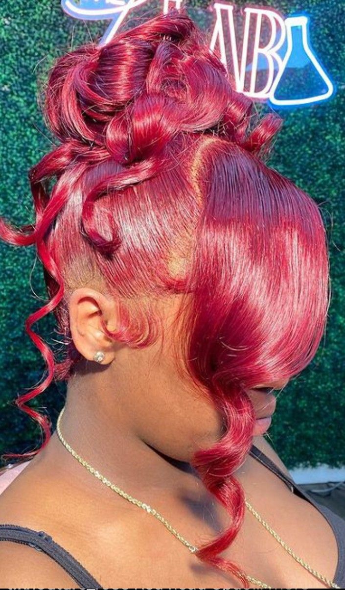 Red Hair Updo Black Women, Burgundy Updo Black Women, Red Updo Wig, Red Updo Hairstyles For Black Women, Red Curly Lace Front Wigs Hairstyles, Curly Baddie, Pink Updo Wig, Red Updo, Slay Hairstyles