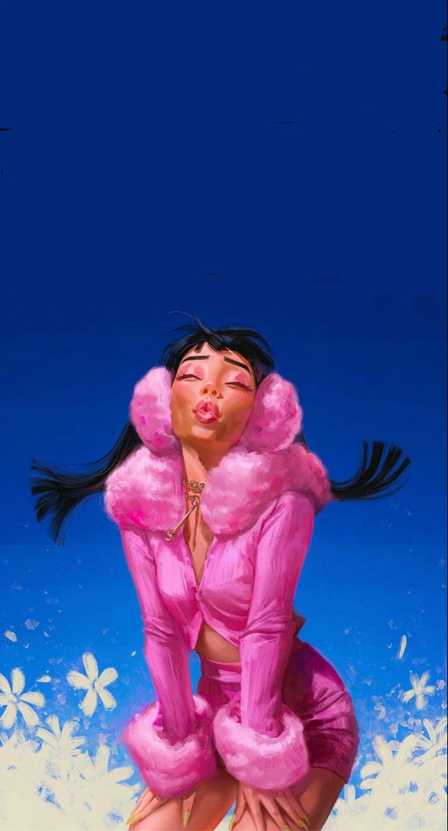 a painting of a woman wearing a pink fur coat and matching heels with her hair blowing in the wind