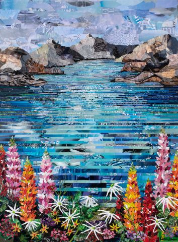 a painting of flowers and water with rocks in the background