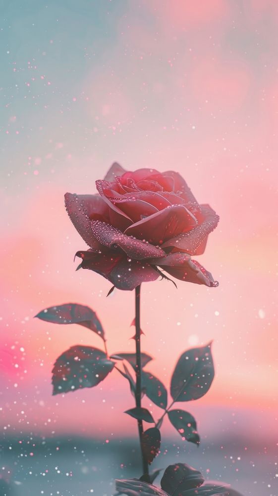 a single rose with water droplets on it's petals in front of a pink and blue sky