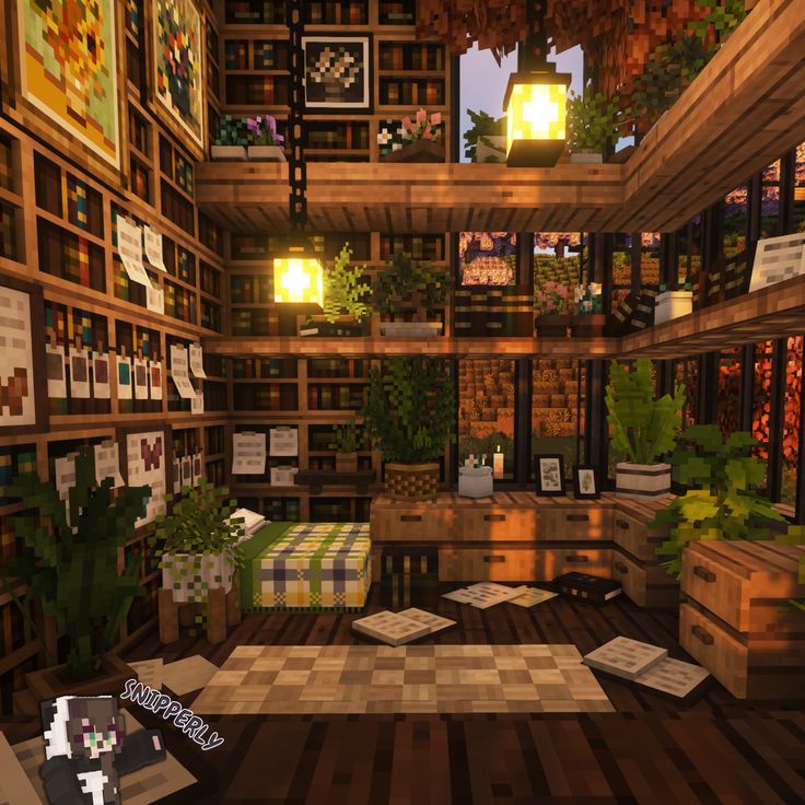 a room filled with lots of bookshelves next to plants and boxes on the floor