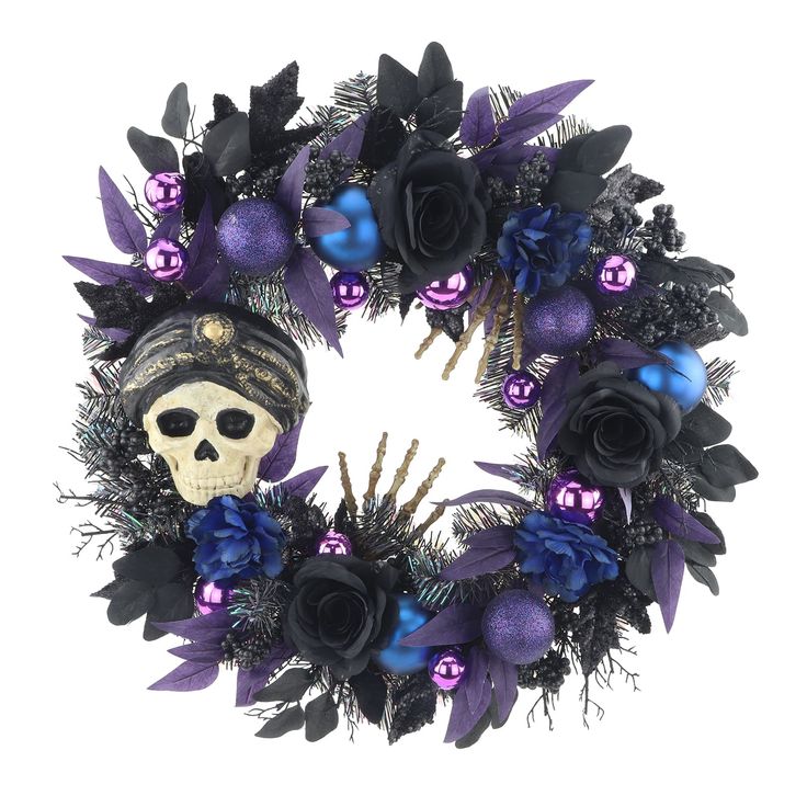 a wreath decorated with purple and blue flowers, skulls and black leaves is displayed on a white background