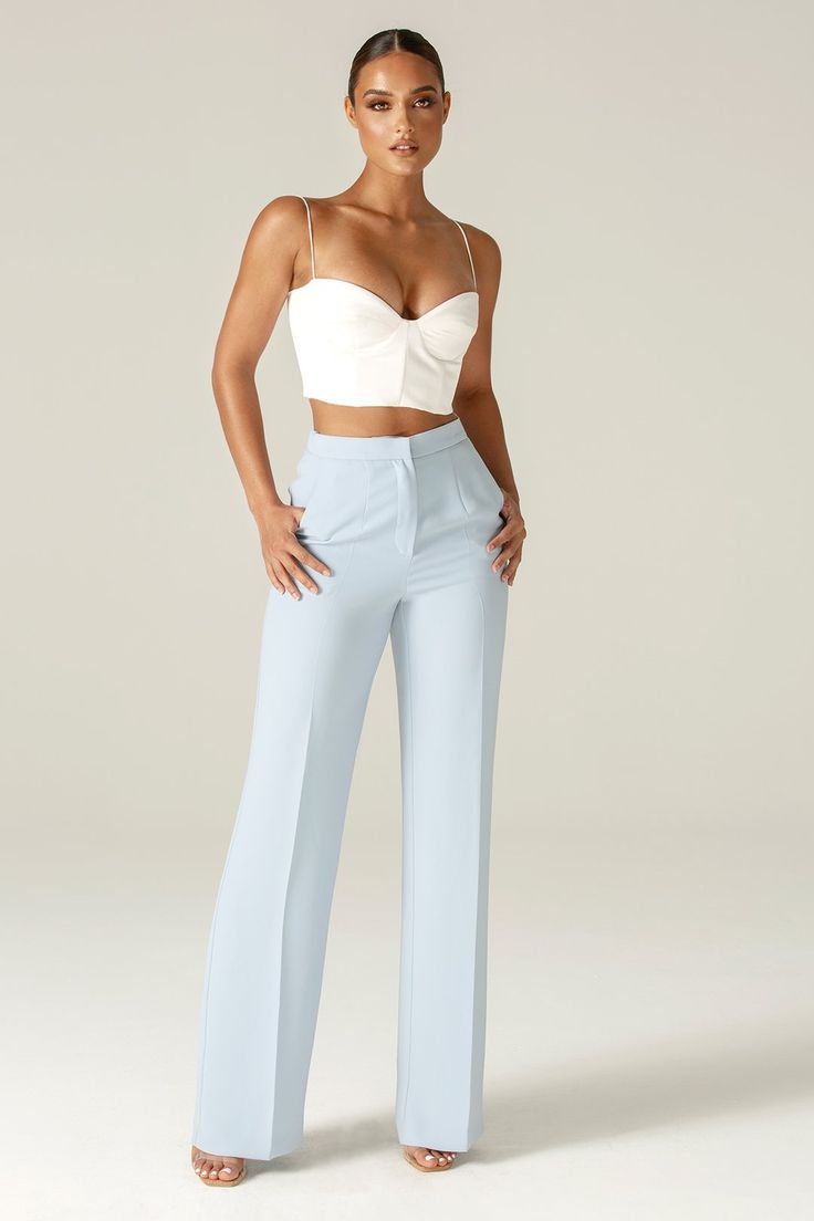 Niaz Pants (Sky Blue) Love On Tour Outfits Ideas, Blue Pants Outfit, Hslot Outfit Ideas, Love On Tour Outfits, Light Blue Pants, Tailored Blazer, Modern Dress, Blue Pants, Crepe Fabric