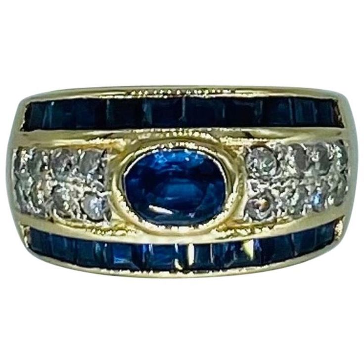 Vintage 3 Carat Blue Sapphire and Diamonds Band Ring 14k Gold Blue Sapphire Ring With Multi-stone Baguette Cut, Blue Sapphire Multi-stone Baguette Ring, Blue Multi-stone Baguette Cut Sapphire Ring, Rectangular Brilliant Cut Sapphire Ring, Blue Rectangular Sapphire Ring With Brilliant Cut, Gia Certified Blue Baguette Cut Sapphire Ring, Blue Rectangular Lab-created Sapphire Rings, Blue Rectangular Diamond Ring For Formal Occasions, Luxury Blue Sapphire Princess Cut Ring