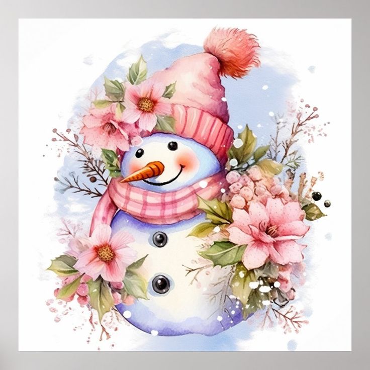 a watercolor painting of a snowman wearing a pink hat and scarf with flowers