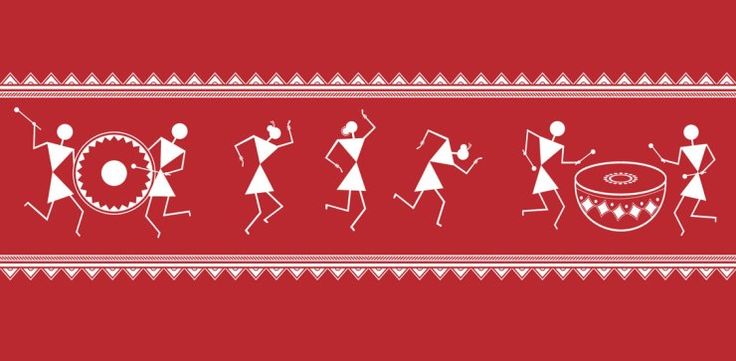 a red and white pattern with some people playing drums on it's side, while another person is dancing in the background