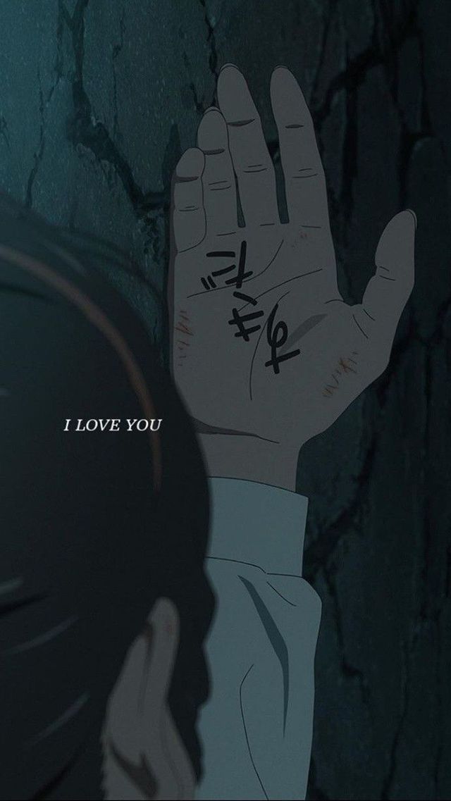 an anime character holding up his hand with the words i love you written on it