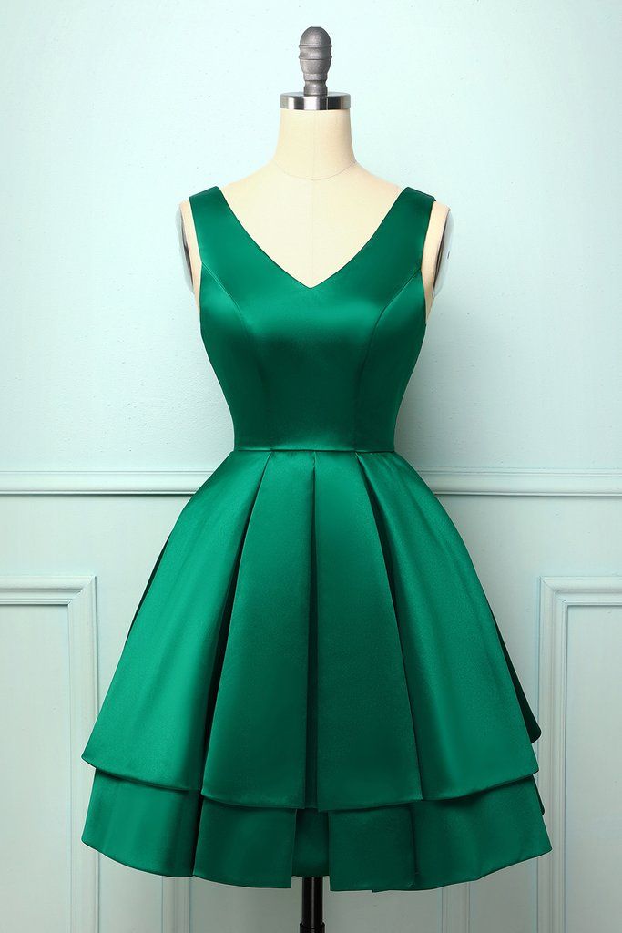 Homecoming Dresses Green Short, Green Satin A-line Dress, Elegant Green A-line Satin Dress, Green A-line Mini Dress For Wedding, Green A-line Mini Dress For Prom Season, Green A-line Mini Dress For Prom, Green Evening Dress With Fitted Bodice And Sweetheart Neckline, Elegant Green Dress With Sweetheart Neckline, Green V-neck Bridesmaid Evening Dress