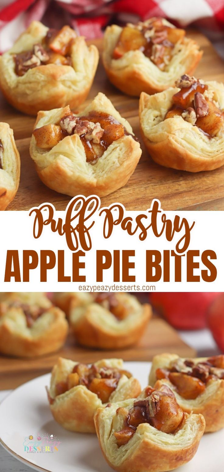 puff pastry apple pie bites on a plate with apples in the background and text overlay that reads puff pastry apple pie bites