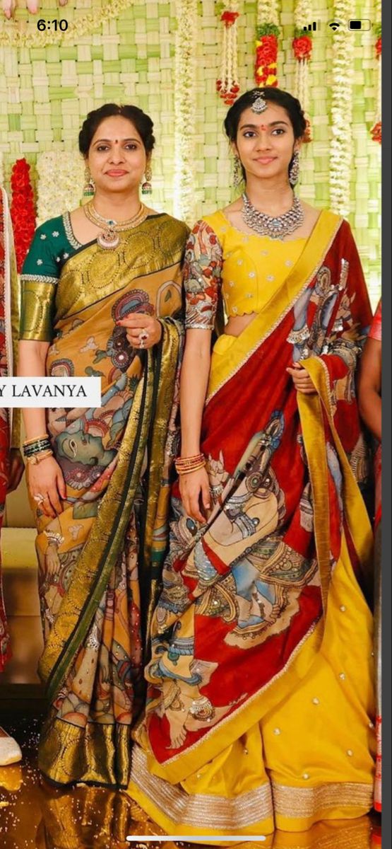 Mangalgiri Half Saree, Kalamkari Lehangas Designs, Penkalamkari Lehanga, Gadwal Saree Blouse Designs, Pen Kalamkari Lehangas, Kalamkari Saree Blouse Designs, Kalamkari Half Saree Designs, Kalamkari Langa Voni, Kalamkari Lehenga Designs