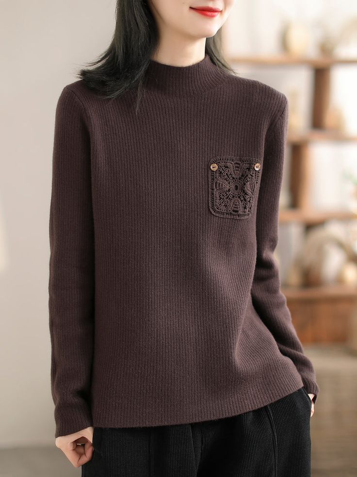 Elegant Winter Sweater With Pockets, Winter Jacquard Knit Tops For Work, Elegant Winter Cable Knit Tops, Elegant Cable Knit Winter Tops, Elegant Jacquard Knit Top For Winter, Fall Jacquard Knit Tops For Workwear, Elegant Knit Sweater With Pockets, Jacquard Knit Long Sleeve Tops For Work, Brown Textured Knit Top For Winter