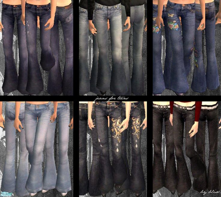 six pairs of jeans are shown in four different colors and sizes, each with an individual's stomach