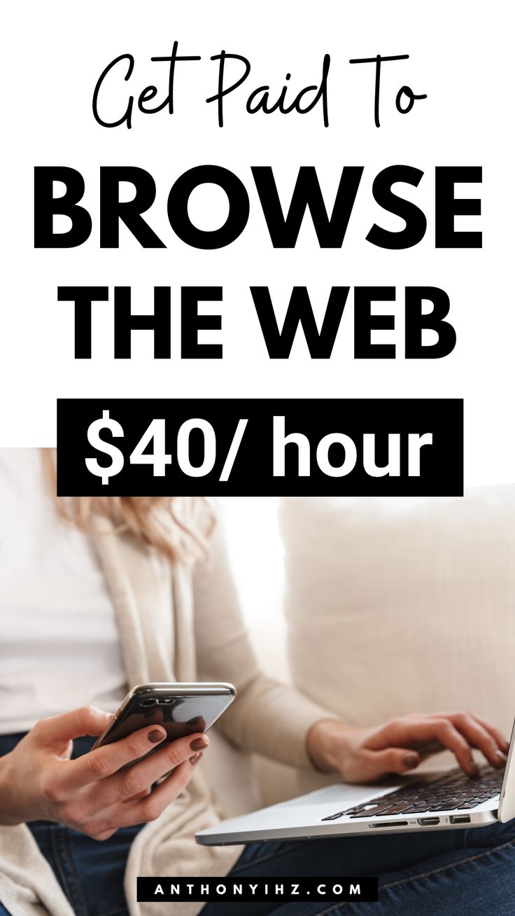 two people sitting on a couch using their cell phones and laptops with text overlay reading get paid to brows the web $ 40 / hour