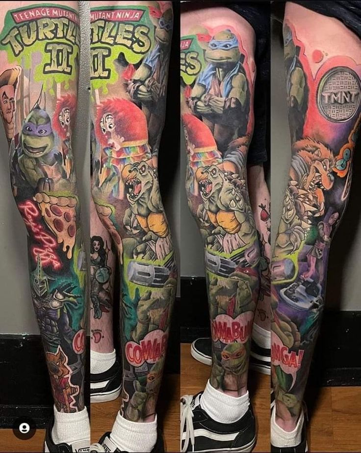 two legs with different colored tattoos on them