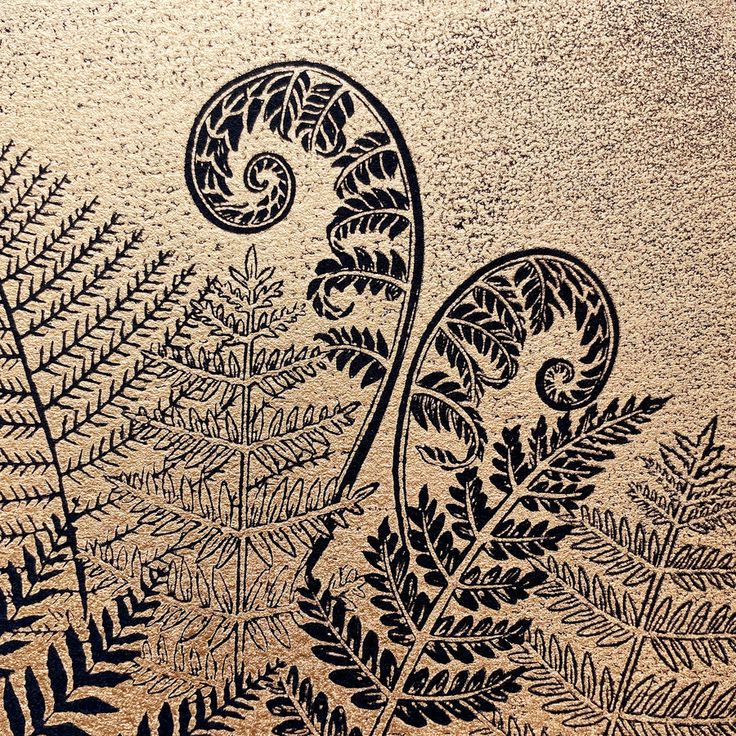 an intricately designed glass panel with ferns and fern leaves in black ink on white paper