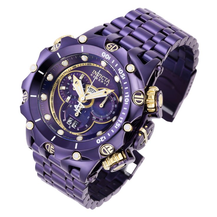 This beautiful Invicta Reserve watch contains a precise Quartz movement in addition to a gold, purple case. Its face displays a , metal, mother of pearl, oyster dial protected by a highly resistant Flame Fusion Crystal. This timepiece is completed by a purple, stainless steel band and it offers water resistance of up to 200 m. The exceptional taste and distinguished palette of the connoisseur will discover timeless pleasure within the Invicta Reserve collection. Specially developed for those in Purple Chronograph Watch Accessories With Round Dial, Purple Quartz Watch Accessory With Round Dial, Purple Analog Watch, Luxury Purple Watch For Formal Occasions, Luxury Purple Watches For Formal Occasions, Pearl Oyster, Inspector Gadget, Purple Cases, Best Watches For Men