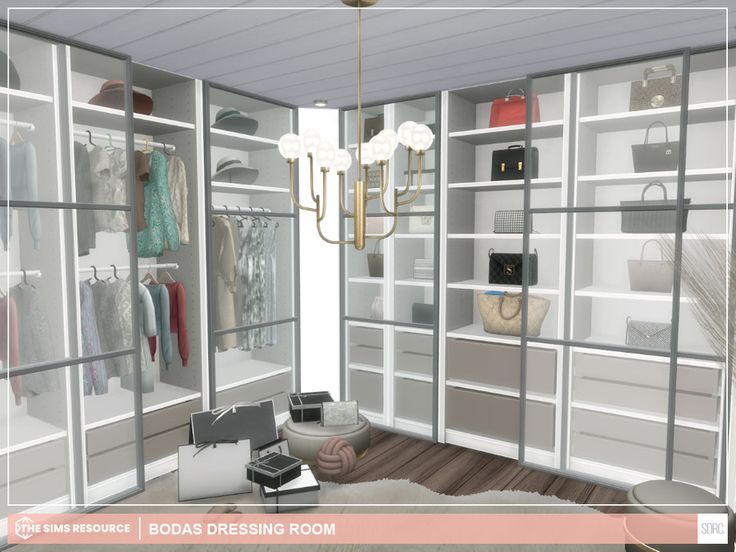 an image of a closet with clothes and handbags on the shelves in front of it