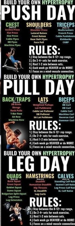 a poster with the words push day and rules for pull - ups, leg day