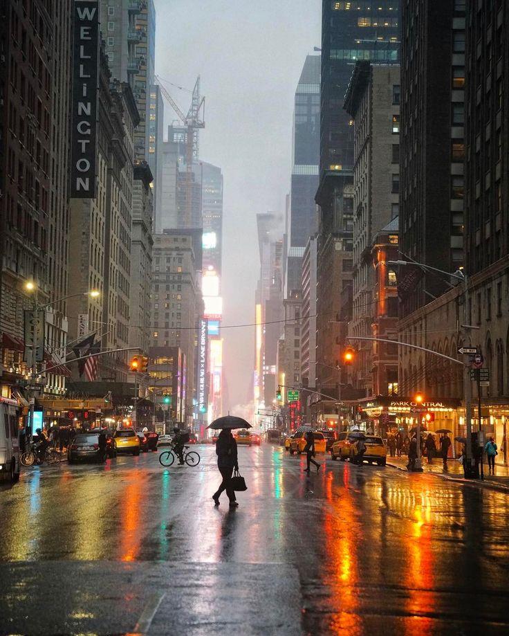 a person with an umbrella walking down the street in the rain on a rainy day