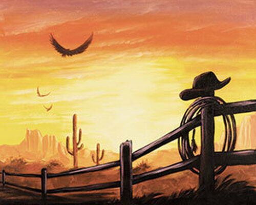 a painting of a cowboy looking over a fence at the sunset with birds flying in the sky