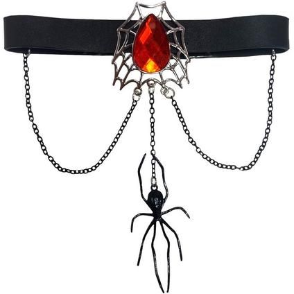 Add cool and creepy vibes to your Halloween look with this black leather choker. It has a ruby and spiderweb charm in the center of your throat and a metal chain from which dangles a plastic black widow spider. Spooky! Spiderweb Jewelry Kit product details:  1 faux-leather choker with chains 12in wide x 7in tall Metal polyester and plastic One size fits most teens and adults Edgy Halloween Jewelry For Costume Party, Edgy Halloween Choker As A Gift, Emo Choker For Halloween Party, Black Choker For Halloween Costume Party, Emo Halloween Party Necklaces, Black Halloween Choker For Costume Party, Halloween Alternative Style Adjustable Choker, Emo Style Metal Choker For Halloween, Emo Halloween Party Choker