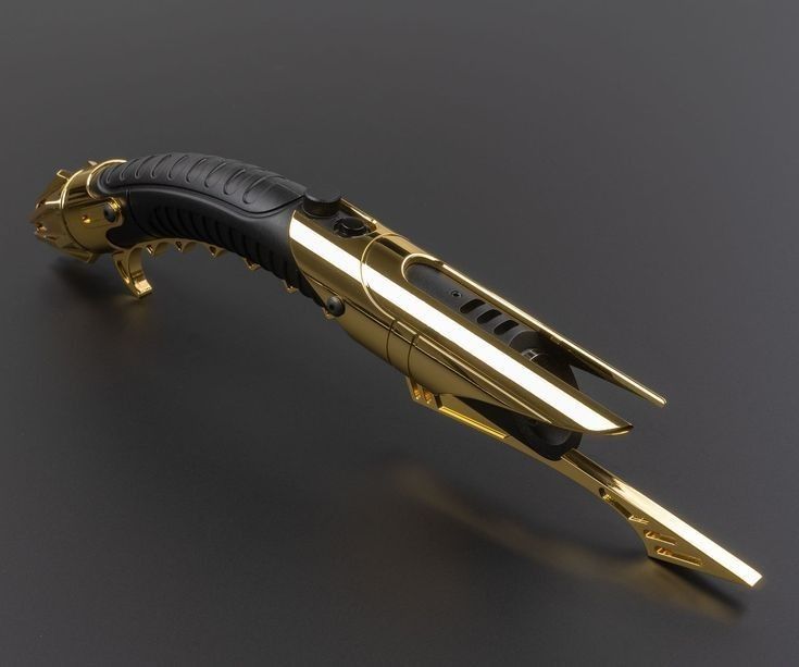 a gold and black sci - fi style object on a dark surface with clippings